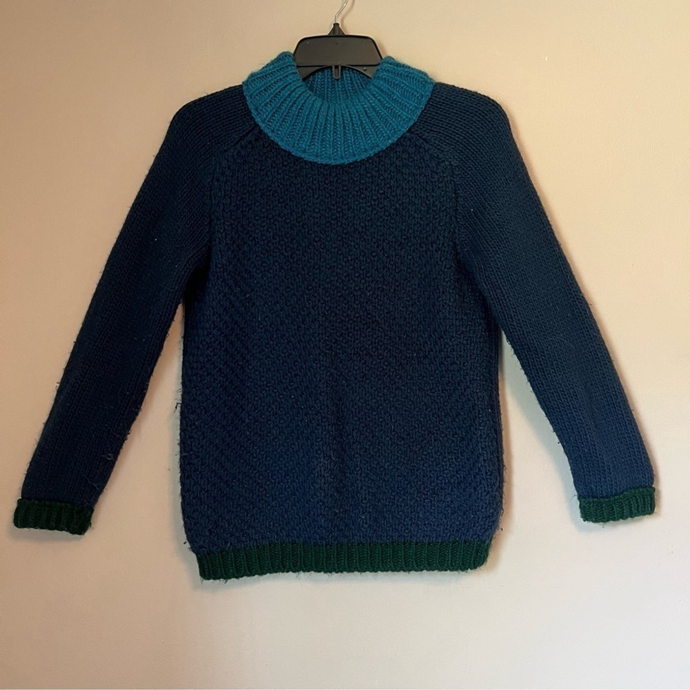 Zara Knit Chunky Colorblock Preppy Navy Green Sweater Medium